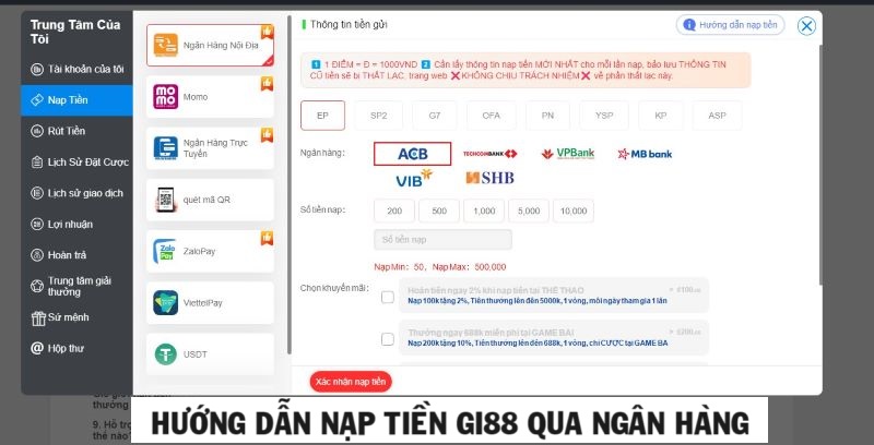 Bật mí cách nạp tiền qua ngân hàng tại GI88